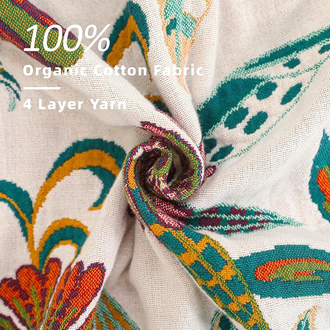 VANJOROY Boho Throw Blanket for Bed, 100% Cotton Muslin Soft Twin Throw-Floral Farmhouse Rustic Decor Blanket for Couch Sofa Quilt and Gift, 60" x 80"-BeigeWhite
