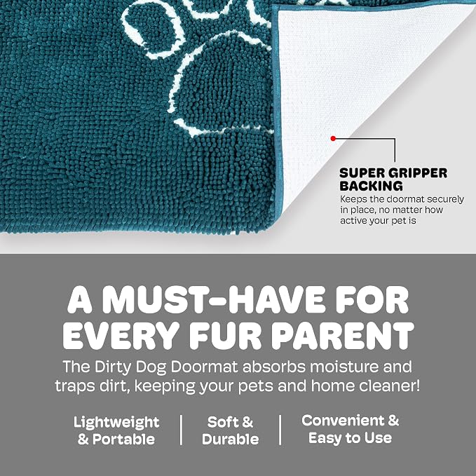 Dog Gone Smart Dirty Dog Doormat - Fast Drying Rug - Petrol, 35 x 26 in | Super Gripper Backing for Clean Floors - Absorbent Microfiber and Machine Washable Mat for Muddy Paws