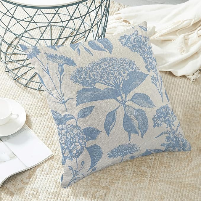 Floral Pillow Covers 18x18 Set of 2 Vintage Baby Blue Hydrangea Herb Botanical Throw Pillow Cover Outdoor Decoration Boho Flower Pillowcase Farmhouse Decorative Linen Cushion Case for Home Sofa