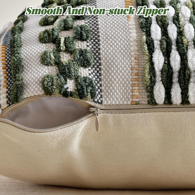 Set of 2 Chenille Striped Textured Boho Throw Pillow Covers Aesthetic with Tassels Woven Decorative Pillow Case for Couch Bed Sofa Bedroom Modern Funky 18 x 18-Inch Sage Green