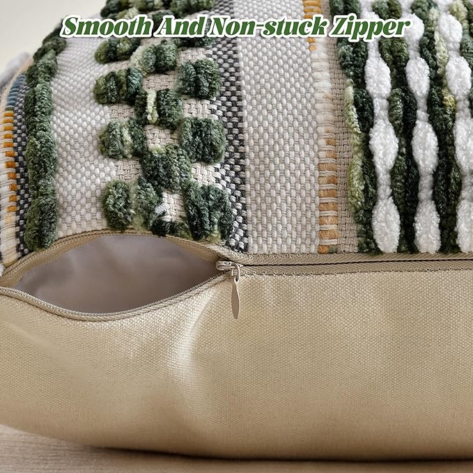 Chenille Striped Textured Boho Throw Pillow Covers Aesthetic with Tassels Woven Decorative Pillow Case for Couch Bed Sofa Bedroom Modern Funky 18 x 18-Inch Sage Green