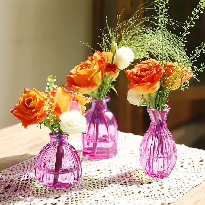 12PCS Hot Pink Vase Small Colored Flower Bud Vases | Glass Bud Vase in Bulk Pink Vases for Centerpieces Vintage Colored Glass Bottles for Home Office Decor