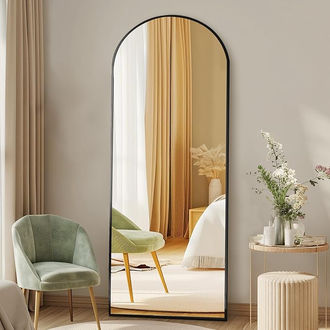 DUMOS 56"x15" Arched Full Length Floor Mirror, Full Body Mirror | Free Standing or Wall Mount, Nano Glass Aluminum Frame, Hanging or Leaning, Modern Simple Home Decor, Black