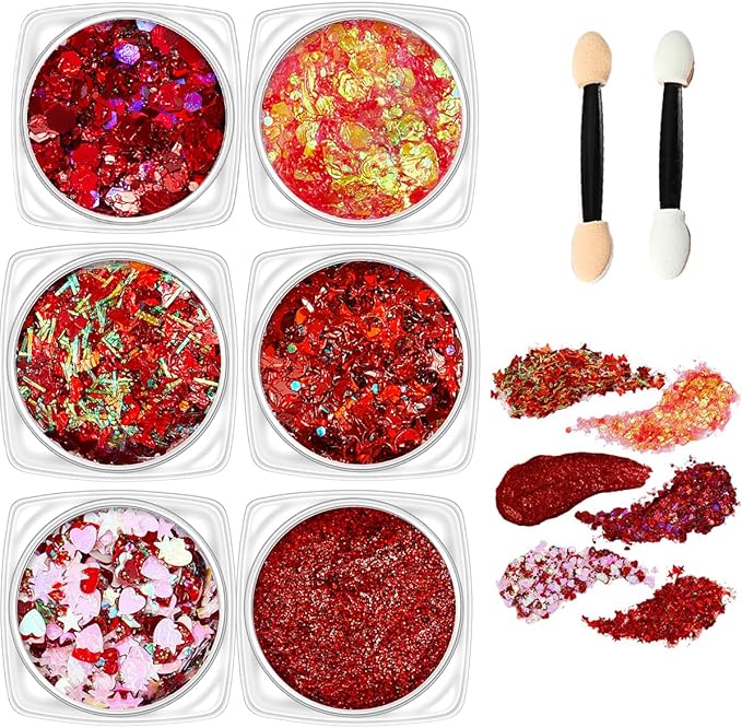 Red Body Glitter Face Glitter Red Hair Glitter Gel Festival Face Paint Rave Makeup Glitter Christmas & Halloween & Valentines Face Gems 6 Shapes Fine Chunky Glitter Gel for Women Girls