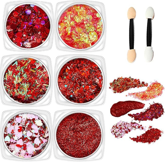 Red Body Glitter Face Glitter Red Hair Glitter Gel Festival Face Paint Rave Makeup Glitter Christmas & Halloween & Valentines Face Gems 6 Shapes Fine Chunky Glitter Gel for Women Girls