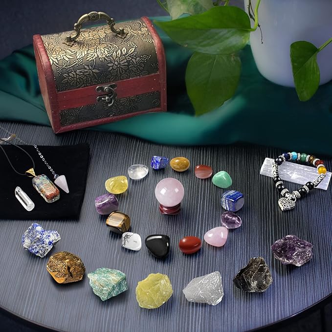 Healing Crystals Set, 28 Pcs Crystals and Healing Stones 7 Chakra Stones Set for Beginners Raw Protection Reiki Spiritual Energy Meditation with Wooden Box, Gifts for Women, Valentine's Day Gift