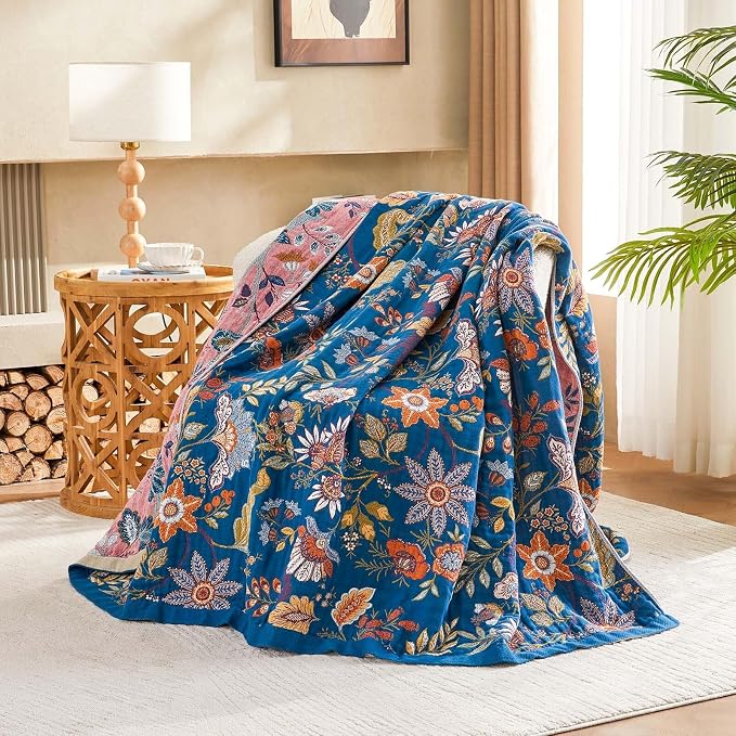 XIBLC Fall Throw Blanket for Couch, Blue Boho Decorative Throw Blanket, 100% Cotton Muslin Breathable Woven Farmhouse Blankets Quilt, 90"x98" Reversible Lightweight Blankets Bohemian Throw Quilt