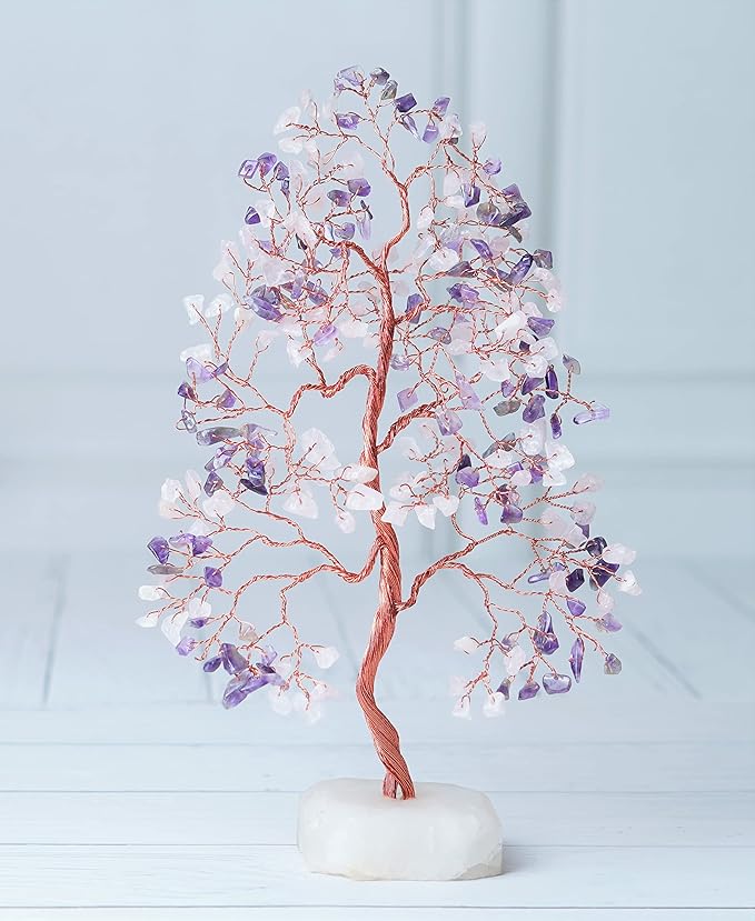 Amethyst & Rose Quartz Crystal Tree Gemstone Tree of Life Quartz Base Chakra Bonsai Tree for Room, Office Decor Spiritual Meditation Birthday Gift for Women Mom her Sister Housewarming Gifts Home