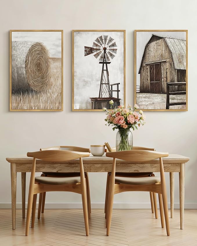 Drsoum Farmhouse Wall Art Vintage Rustic Windmill Barn Cornfield Pictures Framed Painting Landscape Countryside Rural Canvas Artwork Home Decor Ready to Hang 24x36in - Natural Framed