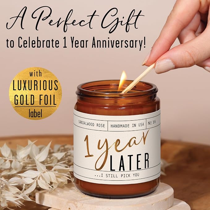1 Year Anniversary Gifts for Girlfriend or Wife - '1 Year Later' Candle, w/Sandalwood Rose - infused w/Essential Oils I 1st Anniversary Gift I One Year Anniversary Gifts for Her I 50Hr Burn, USA Made