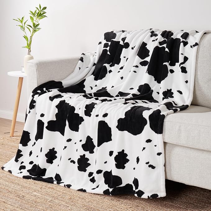 Cozy Bliss Cow Print Throw Blanket for Bed - Fuzzy Thick Soft Warm Fleece Blankets for Couch & Bed, for Women Men Girls Kids, Black & White Twin Size 60"*80"