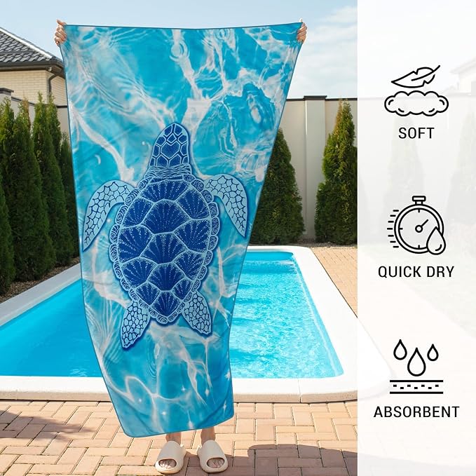 Gogreen Quick Dry Sand Free Beach Towel for Travel Pool Lightweight 71x32 in Absorbent Microfiber Oversized Towels Yoga Bath Camping Sport - Stylish Unique Gift - Sea Turtle