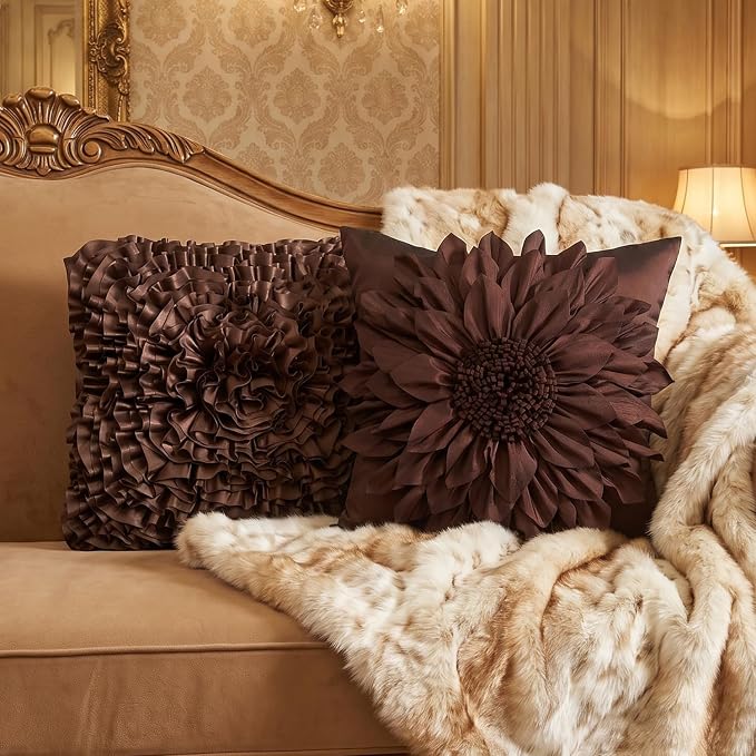 Brown Accent 3D Flower Decorative Throw Pillow Covers for Bed Sofa Couch | Bella's Giftshop Handmade Sunflower Taffeta Pillow Cases Living Room Bedroom Decor, 18x18 Inch