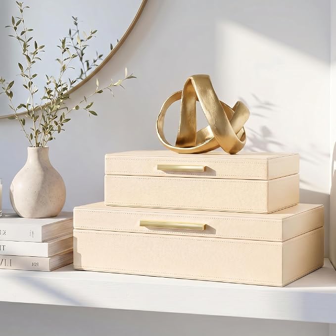 ZICOTO Decorative Storage Boxes with Lids – Set of 2 Beautiful PU Leather Organizer Bins for Your Bookshelf Home Decor - Safely Store Photos, Documents and Memory Box Keepsakes in Style