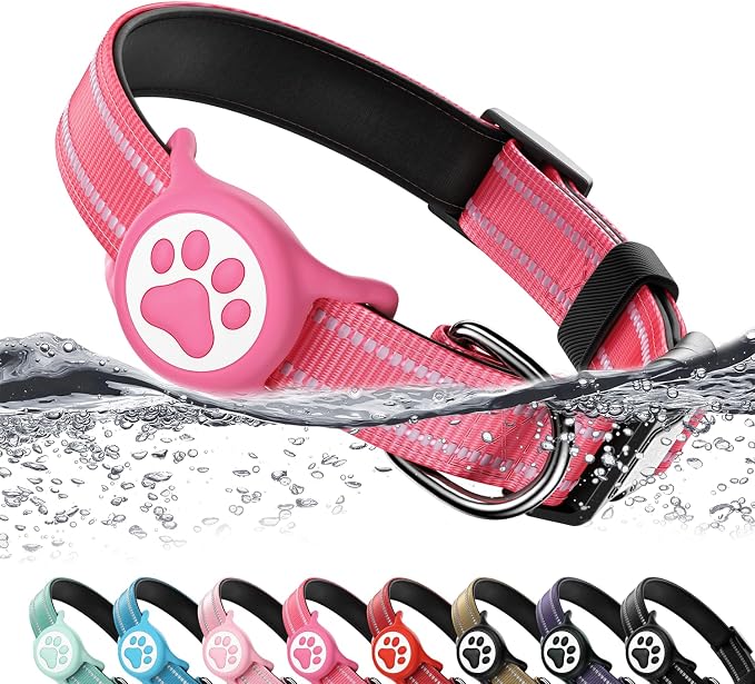 Premium Airtag Dog Collar，with IP68 Waterproof AirTag Holder,Hotpink,L | Soft,Breathable,Nylon Padded,Reflective,Ultra-Durable Buckle,Adjustable,Comfortable for Small Medium Large Dogs