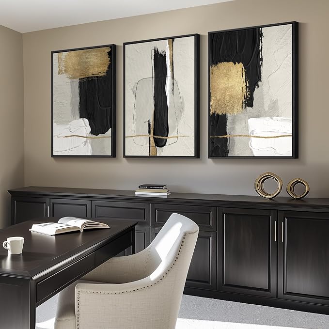 Framed Modern Black and White Abstract Wall Art for Living Room, 3 Piece | Large Canvas Prints Paintings Artwork for Walls, Minimalist Black Beige Gold Pictures, Bedroom Office Wall Decor, 30x60 In