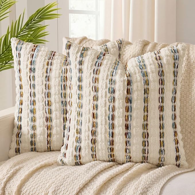 ANRODUO Boho Chenille Decorative Pillow Covers 18x18 Set of 2 Brown White | Textured Tufted Stripes Woven Cushion Case, Farmhouse Accent Neutral Pillowcase for Couch Sofa Bed Living, Room Decor