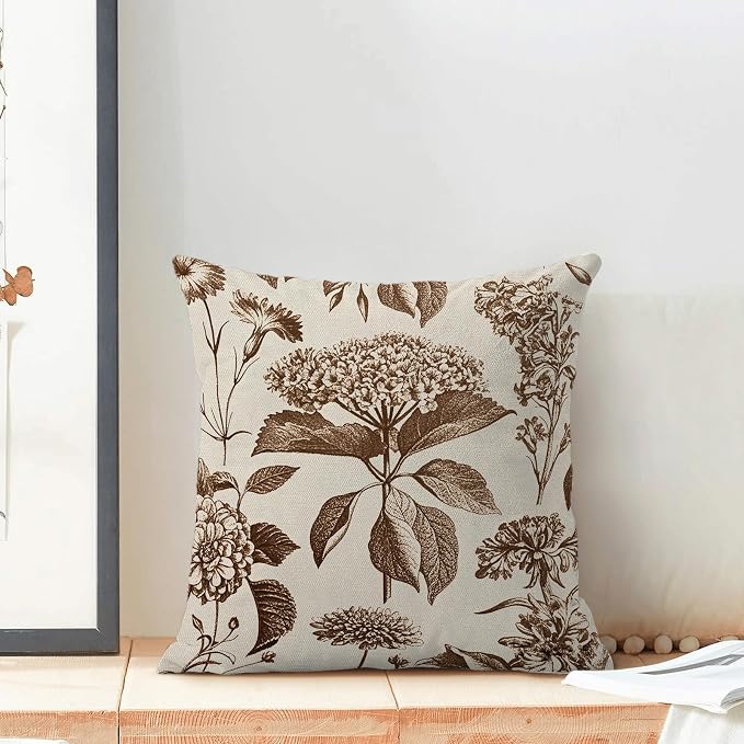 Floral Pillow Covers 18x18 Set of 2 Vintage Brown Hydrangea Herbs Botanical Throw Pillow Cover Outdoor Decoration Boho Flower Pillowcase Farmhouse Decorative Cushion Case for Home Sofa Couch