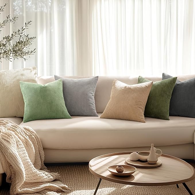 MIULEE Decorative Corduroy Throw Pillow Covers Set of 2 18x18 Olive Green | Soft Striped Textured Cushion Cases, Boho Natural Greenery Pillowcases for Home Decor, for Couch Chair Sofa Bed Living Room