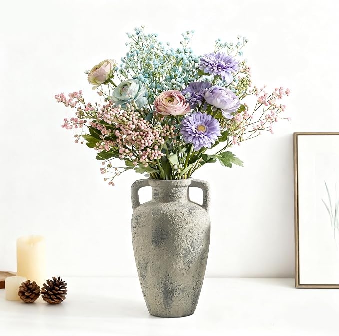 Ceramic Flower Vase, 11.41 Inch Tall Rustic Vase with 2 Handles | Terracotta Farmhouse Vase Adds Rustic Charm to Living Room, Dining Table, Kitchen, and Office Decor, Perfect for Home Styling