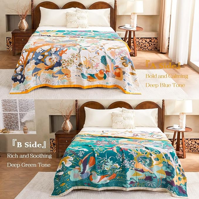 XIBLC Fall Throw Blanket for Couch, Yellow Boho Decorative Throw Blanket, 100% Cotton Muslin Breathable Woven Farmhouse Blankets Quilt, 60"x80" Reversible Lightweight Blankets Bohemian Throw Quilt