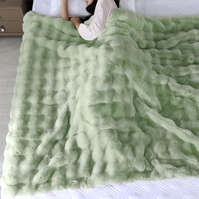 Sage Green Faux Fur Throw Blanket for Couch, Snuggly Double-Sided Bubble Plush Blanket with Soft Flannel Back,Decorative Gift for Sofa or Bed, Machine Washable, 50 x 60, 860 GSM