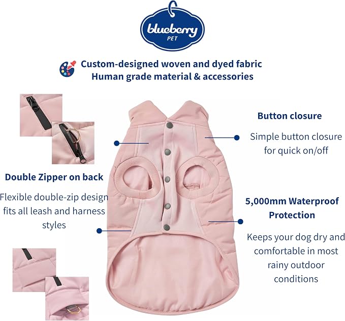 Blueberry Pet Cozy & Comfy Windproof Waterproof Quilted Fall Winter Dog Puffer Jacket in Pink, Back Length 13 3/4", Size 12", Warm Coat for Small Dogs