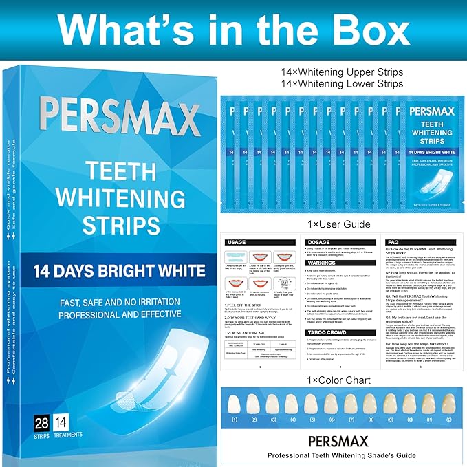 PERSMAX Teeth Whitening Strips for Sensitive Teeth Enamel Safe Whitening Kit No-Slip Remove Coffee Wine Smoking Stains Professional 14 Treatments 28 Strips