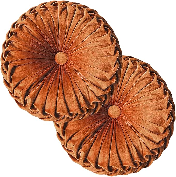 Teieas 2 Pcs Round Throw Pillows Decorative Velvet Pleated Pillow Orange | Boho pumpkin bed pillows,back support for couch,chair,dorm,car,sofa,home decor 14.96''