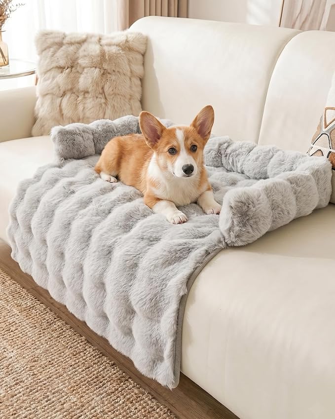 IUUI Dog Bed/Mat for Couch,Faux Rabbit Fur Pet Sofa Furniture Protector | Non-Slip&Manchine Washable,Protects Sofa from Fur & Scratches,Bubble Puff Fluffy Texture,Cozy for All Size Dogs&Cats