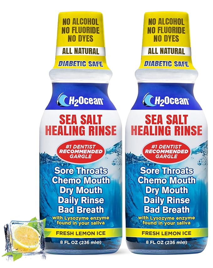 H2Ocean Healing Rinse Natural Sea Salt Oral Care - Mouth Rinse for Tonsil Stones - Great for Piercings, Sore Throats & Gum Health - Alcohol- & Fluoride-Free Mouthwash - Lemon Ice, 8 oz (Pack of 2)