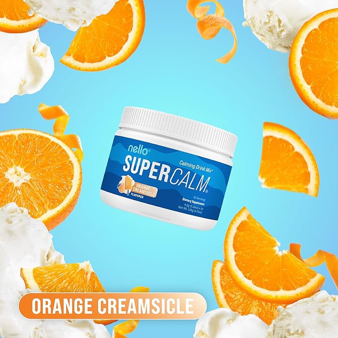 Nello Supercalm Powdered Drink Mix, Orange Creamsicle, L Theanine, Ksm-66 Ashwagandha, Magnesium Glycinate, Vitamin D 3, Supplements for Relaxation & Focus, Natural, No Sugar, Non GMO, 30 Srvgs