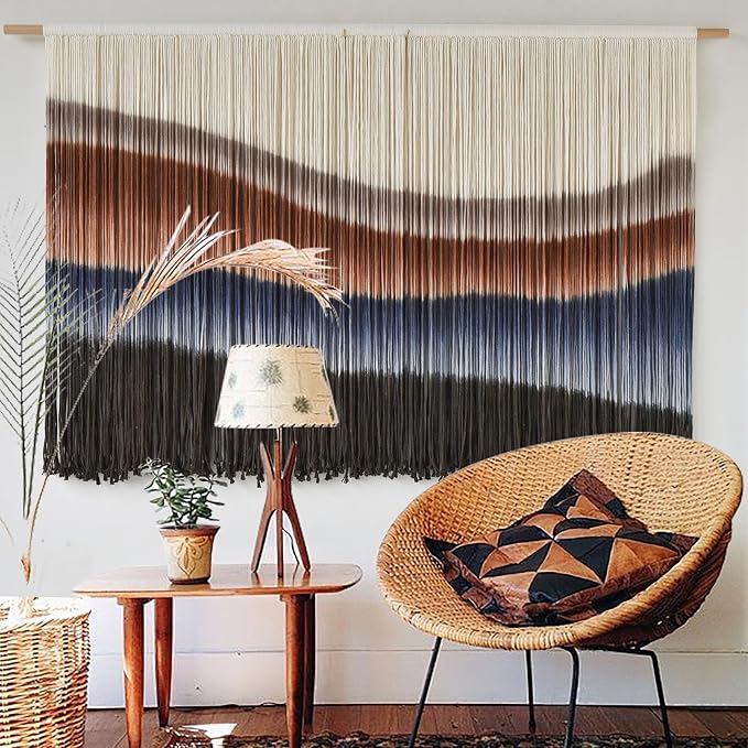 Macrame Wall Hanging Tie-Dye Bule Boho Wall Decor Yarn Fiber Art 57"W*35"L | Large Wall Hanging, Handmade Fiber Art, Dip Dyed Cotton, Boho Wall Decor, for Bedroom Decor Living Room Wall Accent