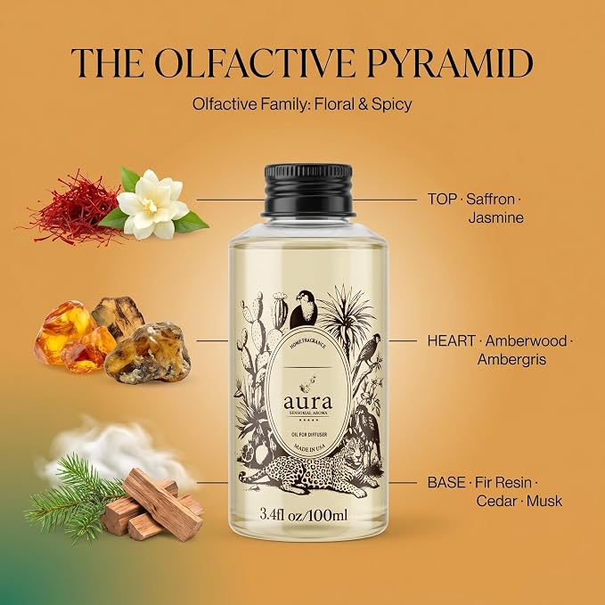 Aura Corsica | Jasmine & Amber Fragrance Oil for Diffusers | Inspired by M.F.K Baccarat Rouge | Luxury Hotel Scent | Floral Amber Aromatherapy | Home & Office | 3.4 fl oz (100ml) | Long Lasting