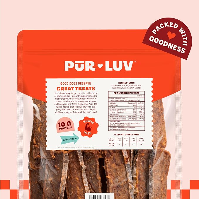 Pur Luv Salmon Jerky Dog Treats | Skin & Coat Support, Made with Real Salmon, Omega 3 & 6 Rich, Grain-Free, High Protein, Easily Digestible Natural Dog Treats