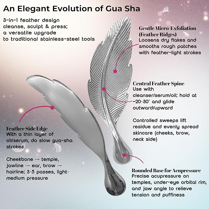 Nebulúr Feather 304 Stainless Steel Gua Sha & Facial Cleansing Tool, 75 g — Non-Porous Cool-Touch Face Massager with Eye-Safe Curved Tip, Micro-Buffing Ridges, Gift-Ready Box