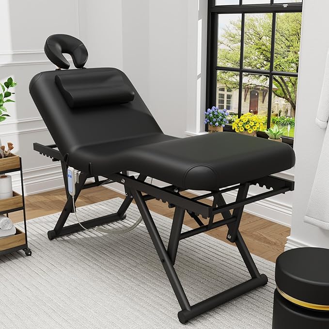pouseayar Adjustable Massage Table with Face Pillow & Headrest, Silent and Easy to Adjust for Treatment Table Physical Therapy Table Spa Facial Bed - Adjustable Backrest, Electric Leg Lifting, Black