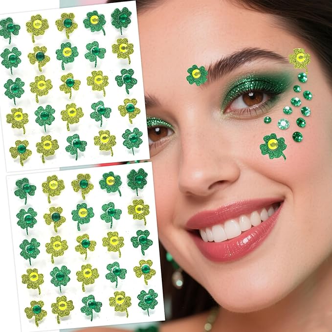 50 Pcs Glitter St. Patrick's Day Face Gems, Green Shamrock Face Jewels with Gold Glitter, Self-Adhesive Face & Body Gems for Festival Party, Irish Theme Makeup Supplies