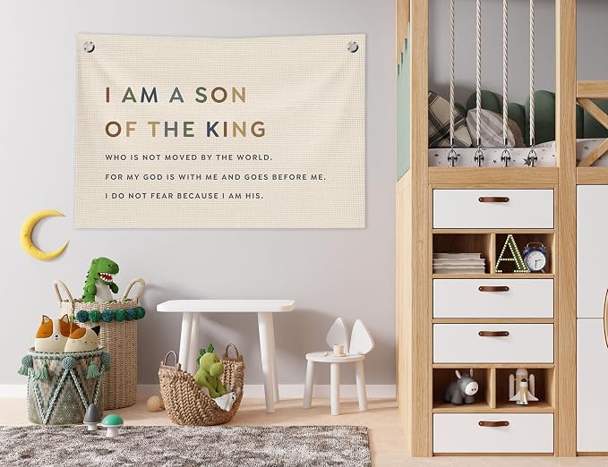 Christian Nursery Decor, Boy Nursery Wall Art, I Am a Son of the King Canvas Banner Wall Decor for Kids Boys Room Bedroom Playroom, 30x20 in
