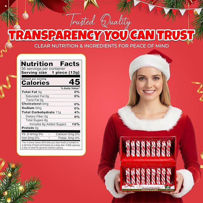 Christmas Candy Canes 36 Pack - Classic Red & White Peppermint Sticks Individually Wrapped - Bulk Christmas Candys for Holiday Treats, Decorations, Stocking Stuffers & Gifts