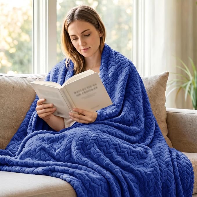 Exclusivo Mezcla Fleece Throw Blanket for Couch Sofa, 50”x70”, Cobalt Blue | Oversized Soft Cozy Fluffy Blankets for Summer, Decorative Plush Flannel Throws for Living room, Bedroom with Leaves Pattern