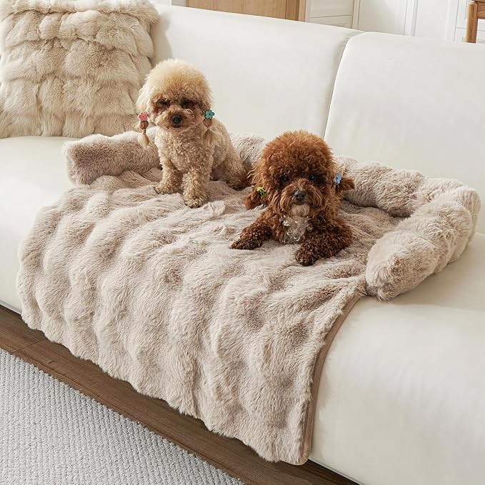 Calming Dog Bed for Couch, 29.5 x 29.5 inch, Non-Slip Rabbit-Velvet Dog Sofa Mat for Furniture Protector, Perfect for Small, Medium Dogs and Cats (Khaki, Medium)