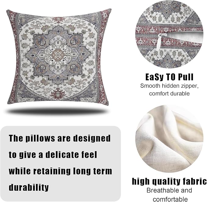 Boho Throw Pillow Covers 24x24 inch Set of 2,Soft Pillowcases Bohemia Carpet Printing Pattern Decorative Sofa Living Room Bed Square Pillow Case Cushion Cover-Reddish Blue