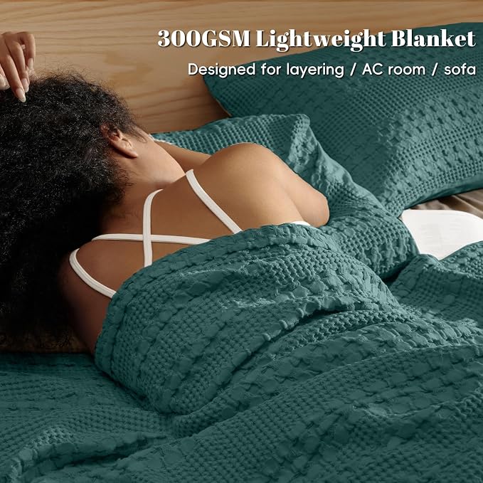 PHF 100% Cotton Waffle Weave Blanket King Size, Lightweight Breathable Summer Blanket for Hot Sleepers, Pre-Washed Soft Layer for Bed, Couch, Home Decor Gift, 108"x90", Teal