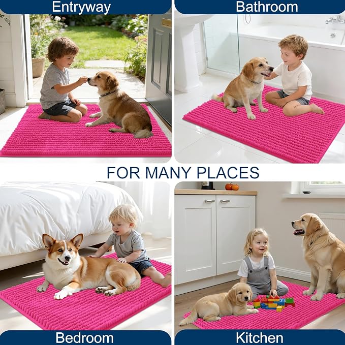 OLANLY Dog Door Mat for Muddy Paws 44x24, Extra Absorbent Chenille Mud Mat | Hot Pink, Absorbs Moisture and Dirt, Non-Slip Machine Washable Doormat, Quick-Drying Indoor Entryway Floor Mat for Dogs