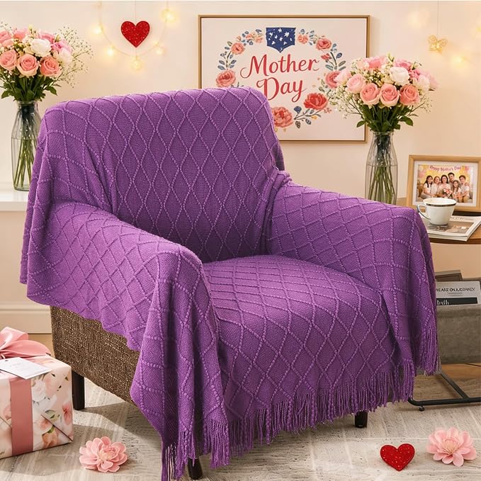 inhand Purple Knitted Throw Blanket for Couch and Bed, 60"x80" | Gifts for Mom from Daughter Son, Soft Lightweight with Tassels, Farmhouse Warm Decorative Blanket for Women, Cozy Knit