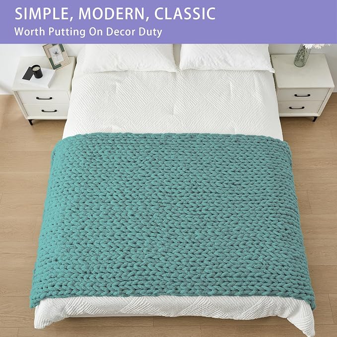 Bigacogo Chunky Knit Throw Blanket for Couch, 40x80 inches, Light Teal | Hand Knit with Jumbo Chenille, Soft Breathable Cable Knit for Sofa Bed Living Room, Machine Washable, Gift for Mom Friend