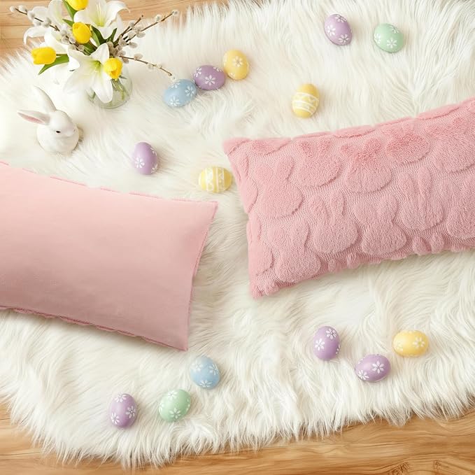 decorUhome Pink Faux Fur Bunny Throw Pillow Covers 12x20 Set of 2 | Plush Soft Wool Jacquard Pink Rabbit Cushion Covers, Modern Farmhouse Easter Holiday Decor PillowCases for Sofa Bed