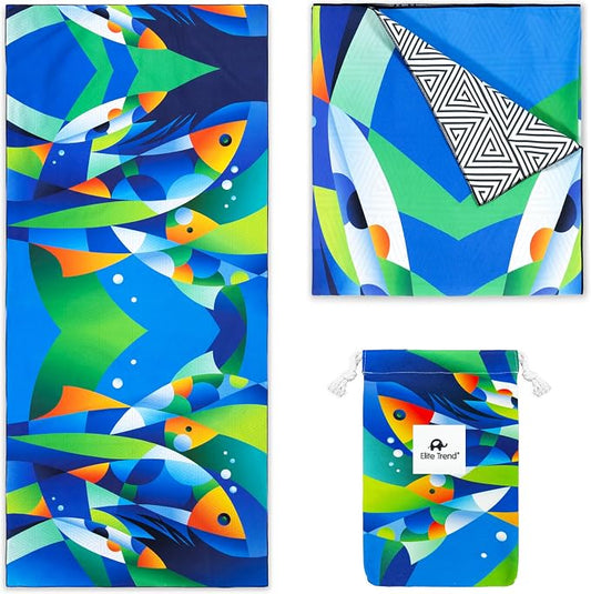 Elite Trend Quick Dry Towel Extra Large 78x35 Inch - Microfiber Beach Towel - Perfect for Beach, Travel, Swimming, Pool, Yoga, Hiking, Camping - Lightweight, Fast Drying, Compact for Adults (Fishes)