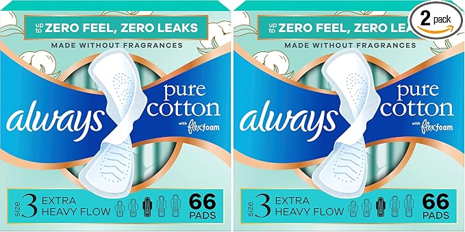 Always Pure Cotton Feminine Pads for Women, FlexFoam Pads with Wings, Size 3, Extra Heavy Flow Absorbency, Unscented, 66 Count (Pack of 2)